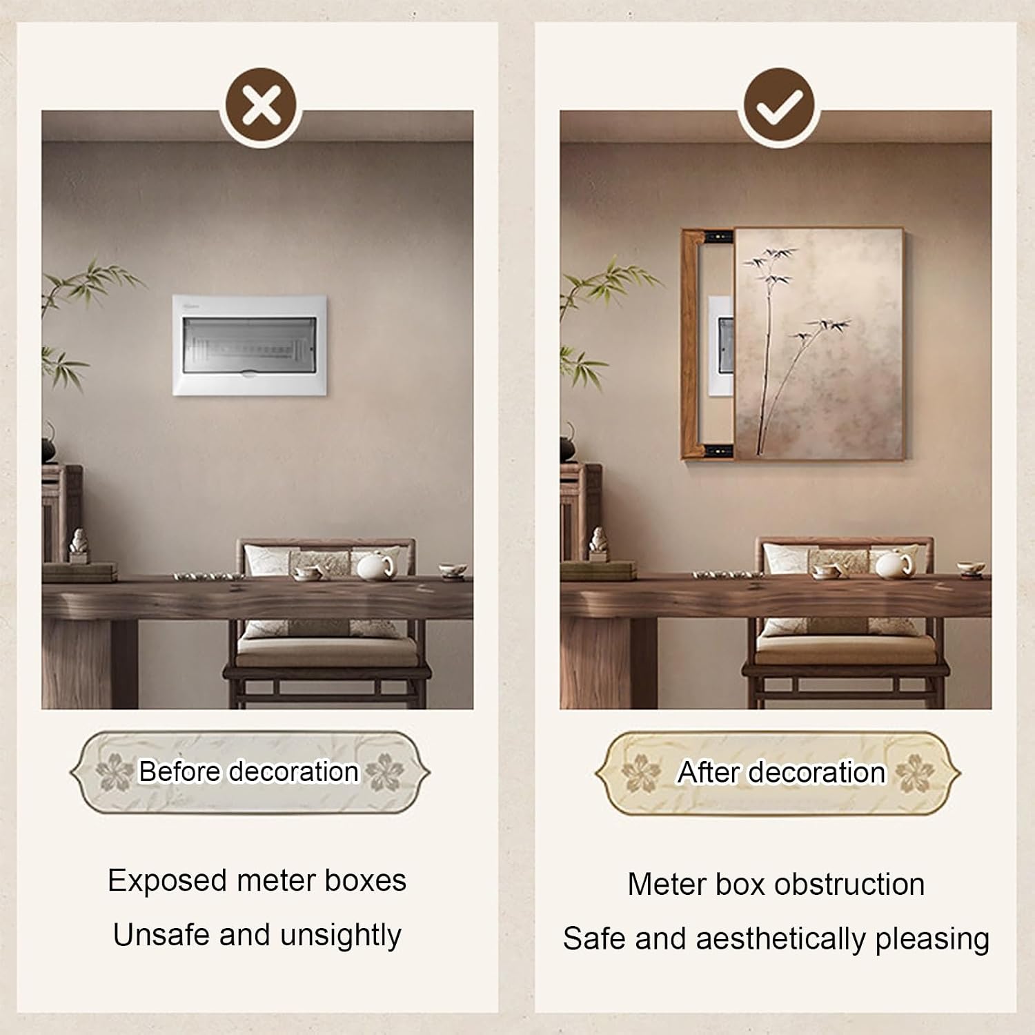 Decorative Fuse Box Cover, Wall Mounted Electrical Panel Cover, Hide Paintings Wall Art with Frame, Oriental Elegance Style, Easy Installation(Brown 11,45 * 55cm/17.7 * 21.6in)