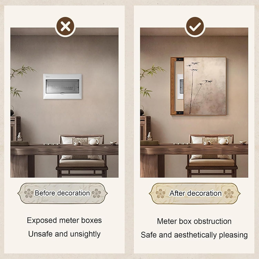 Decorative Fuse Box Cover, Wall Mounted Electrical Panel Cover, Hide Paintings Wall Art with Frame, Oriental Elegance Style, Easy Installation(Brown 12,45 * 55cm/17.7 * 21.6in)