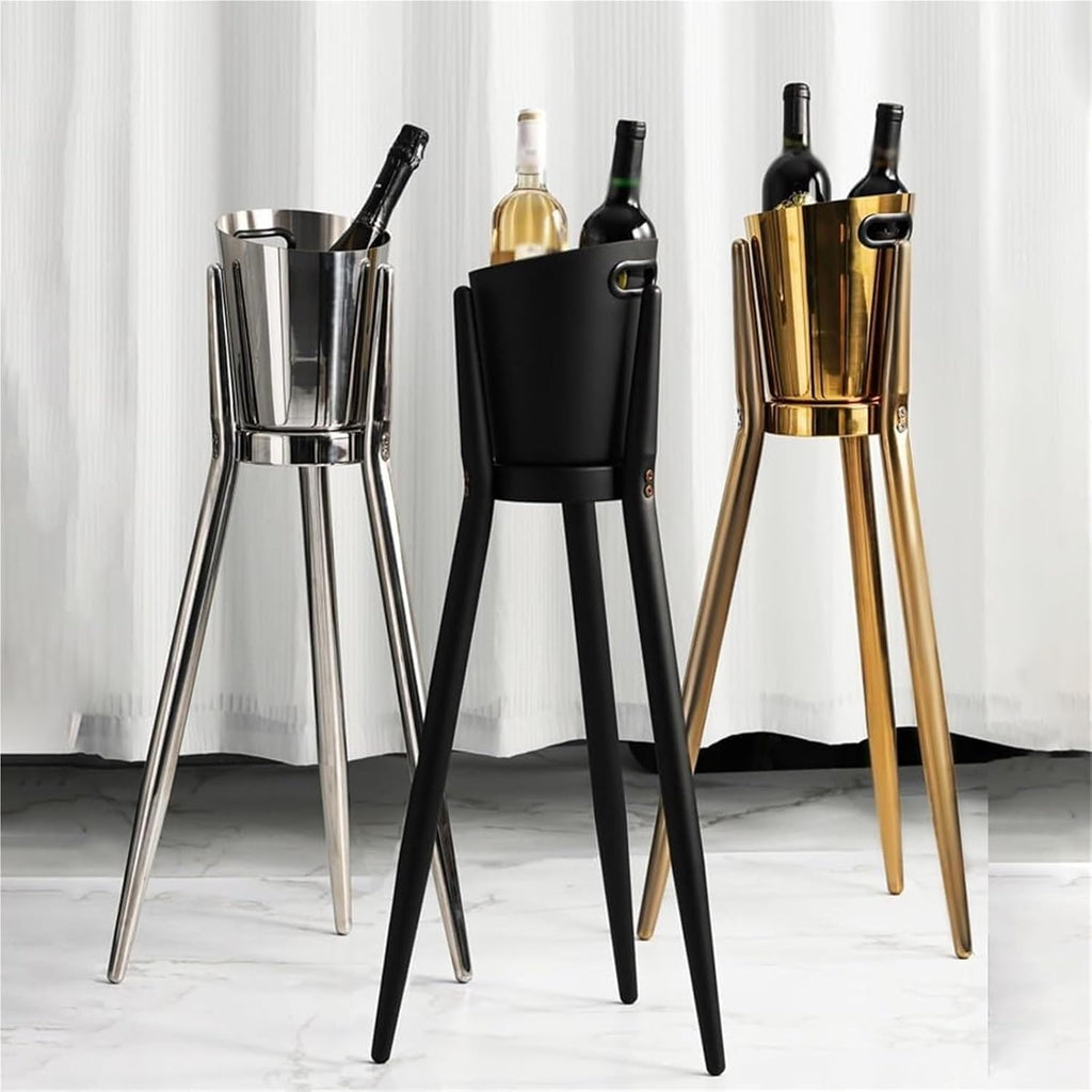 Ice Bucket with Stand， Party Drink Cooler Holder - Handles Wine Chiller Free Standing Outdoor or Indoor Use(Black Gold)