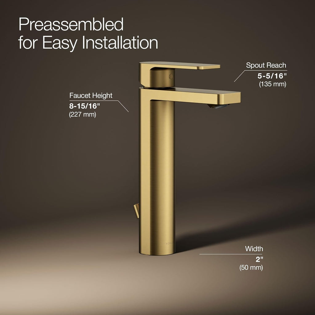Kohler K-23475-4K-2MB Parallel Tall Single Handle Bathroom Sink Faucet, 1.0 GPM, Vibrant Moderne Brushed Brass
