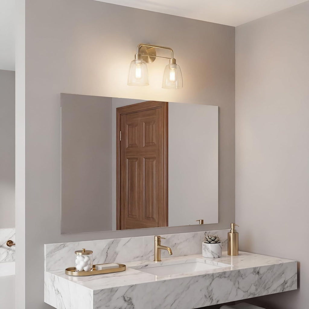 Kichler Meller 2-Light Bathroom Vanity Light Fixture with Clear Glass Shades, Industrial Wall Sconce in Champagne Bronze for Bathroom Mirror (11.25' x 5.5' x 7'), 55101CPZ