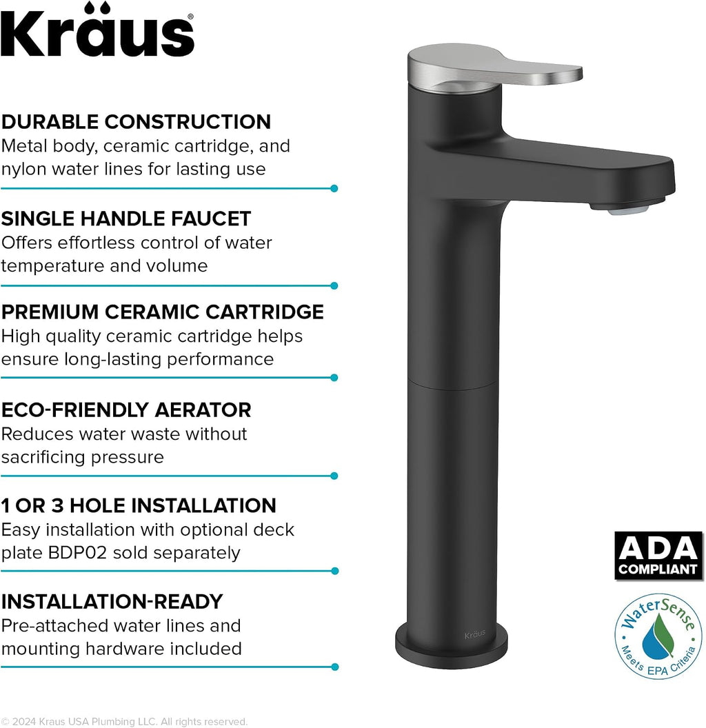 KRAUS Indy Bathroom Faucet for Vessel Sink in Spot-Free Brushed Nickel/Matte Black with Single Handle, Pop Up Drain and Supply Lines, KVF-1410SFBNMB