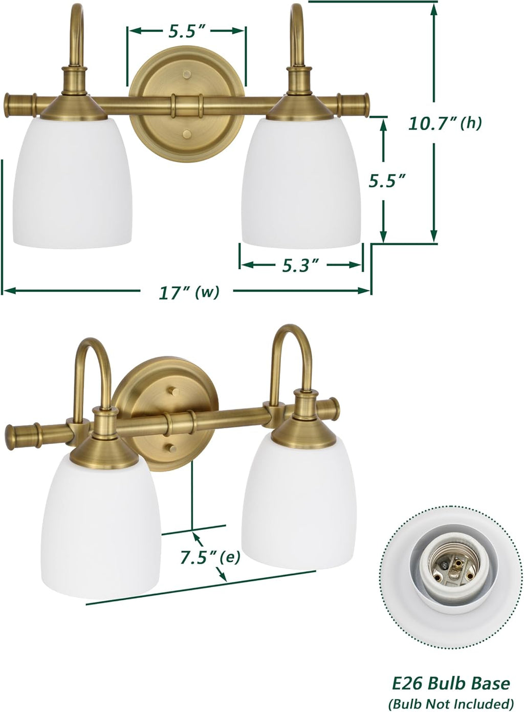2-Light Champagne Bronze Bathroom Vanity Light Fixtures Over Mirror, Vintage Vanity Lights for Living Room, Milk White Glass Shades, Standard E26 Base