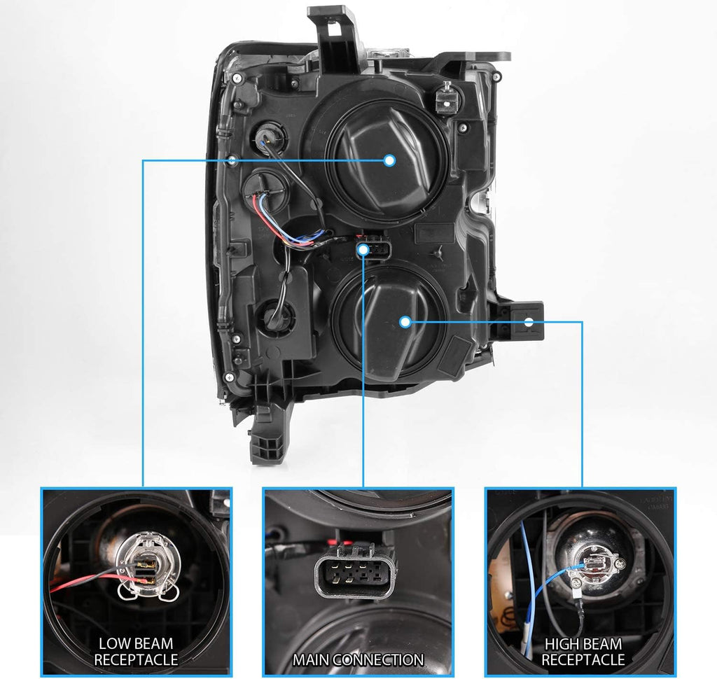 AmeriLite for 2015-2019 Chevy Silverado 2500HD 3500HD Work Truck w/Dual LED Tube All Dark Black Square Projector Replacement Headlights Set - Passenger and Driver Side