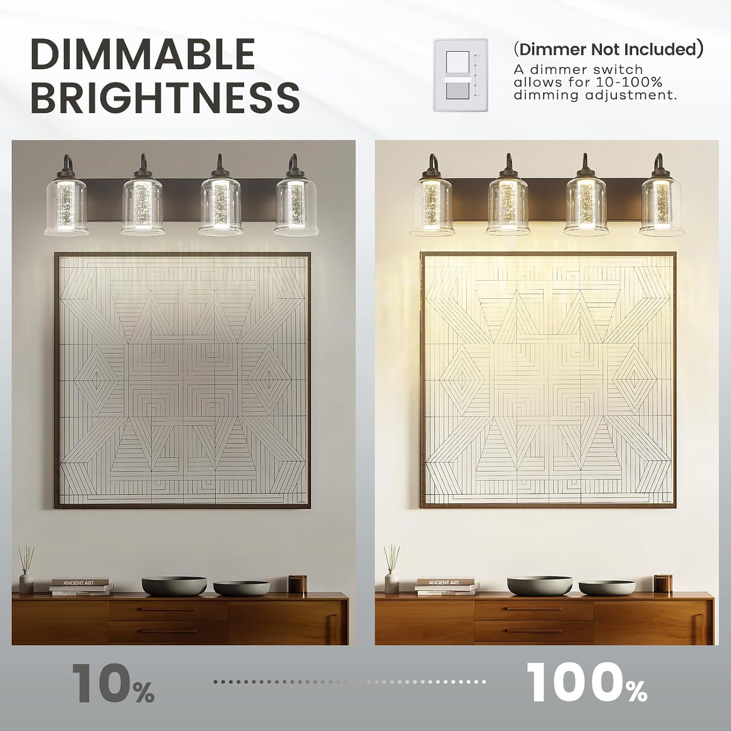 zeyu 20W LED Vanity Light Bathroom, 4-Light Farmhouse Vanity Lighting Over Mirror with Crystal Bubble and Clear Glass, 5CCT Adjustable, Oil Rubbed Bronze Finish, ZSL72B-4W LED ORB-1