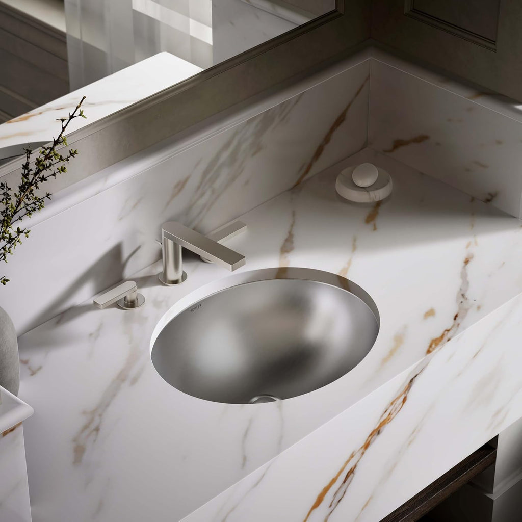 KOHLER K-2608-SU-NA Bachata Drop-In/Undermount Bathroom Sink with Luster Finish, Without Overflow, Stainless Steel