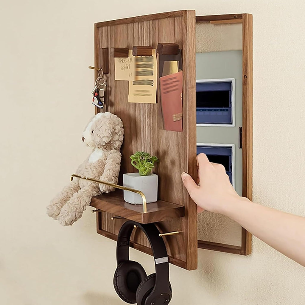 Meter Box Decorative Painting Door Opening, Wooden Fuse Box Cover Cabinet Shelf and Hooks, Wall Mounted Breaker Boxes Decorative Cover for Farmhouse Kitchen(50x60cm/19.7x23.6in)