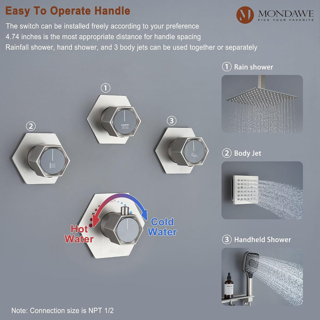 MONDAWE Shower System with Body Jets, 12 Inch Thermostatic Rain Shower System Ceiling Mount, Full Body Spray Shower Jets System with a Shelf, Towel Hooks - Brushed Nickel