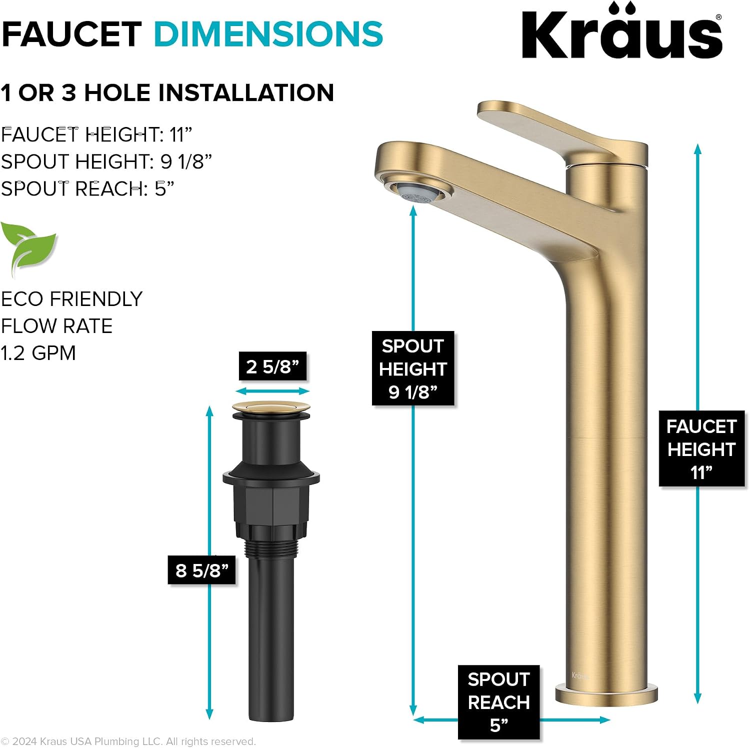 KRAUS Indy Bathroom Faucet for Vessel Sink in Spot-Free Brushed Brass with Single Handle, Pop Up Drain and Supply Lines, KVF-1410SFBB