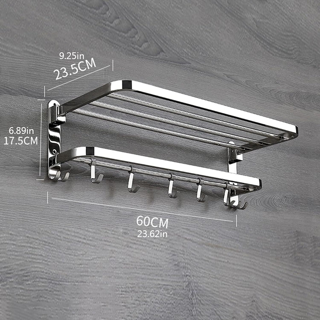 TOMYEUS Shower Caddy Bathroom Shelf Bathroom Towel Shelf with Foldable Towel Bar Holder and Towel Hooks Wall Mounted Multifunctional Double Towel Bars Brushed Nickel Shower Organizer