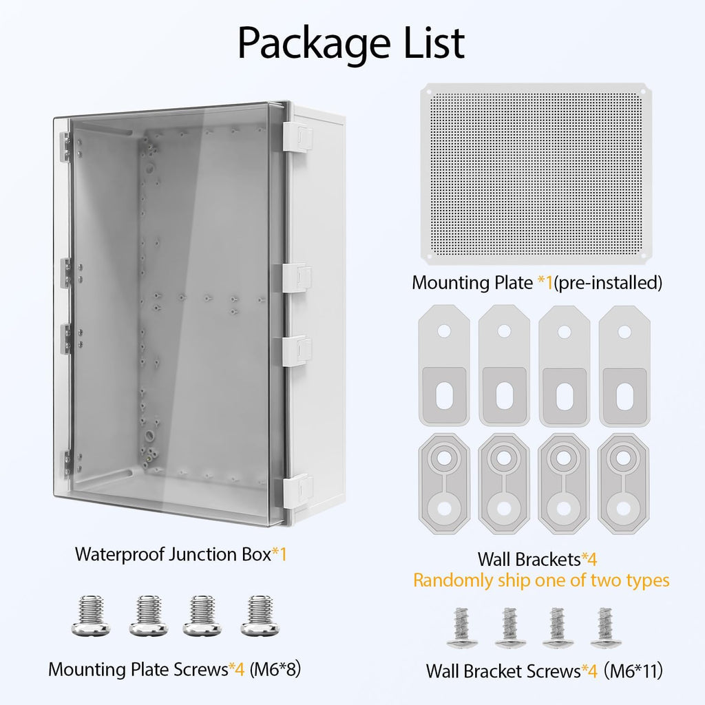 Electrical Box, IP65 Waterproof Dustproof ABS Plastic Enclosure, Outdoor and Indoor Project Box Hinged Clear Cover with Mounting Plate Wall Brackets,Outer Dimension 23.6'x 15.7' x 8.7', Grey