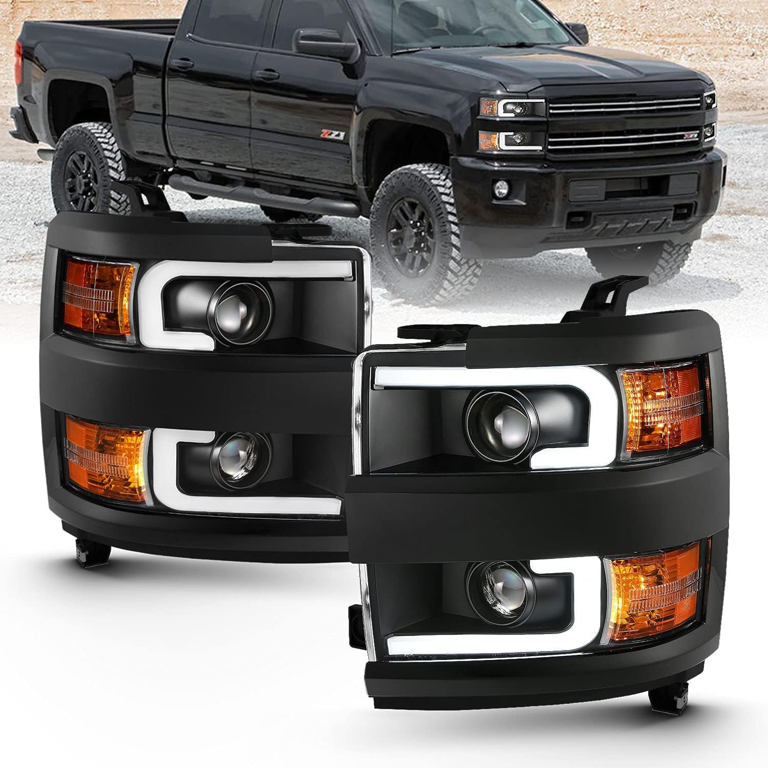 AmeriLite for 2015-2019 Chevy Silverado 2500HD 3500HD Work Truck w/Dual LED Tube All Dark Black Square Projector Replacement Headlights Set - Passenger and Driver Side