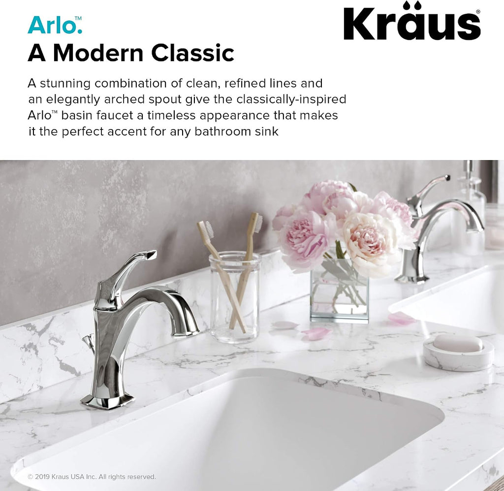 KRAUS KBF-1201BG Arlo Single Handle Basin Bathroom Faucet with Lift Rod Drain and Deck Plate, Brushed Gold