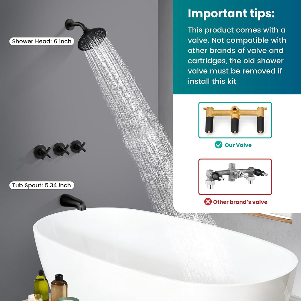 gotonovo 3 Handle Tub Shower Faucet Set, Tub and Shower Faucet Combo,Bathtub Faucet Set with 6 Settings Shower Head and Waterfall Tub Spout, Tub and Shower Trim Kit, Tub Shower Fixture Matte Black