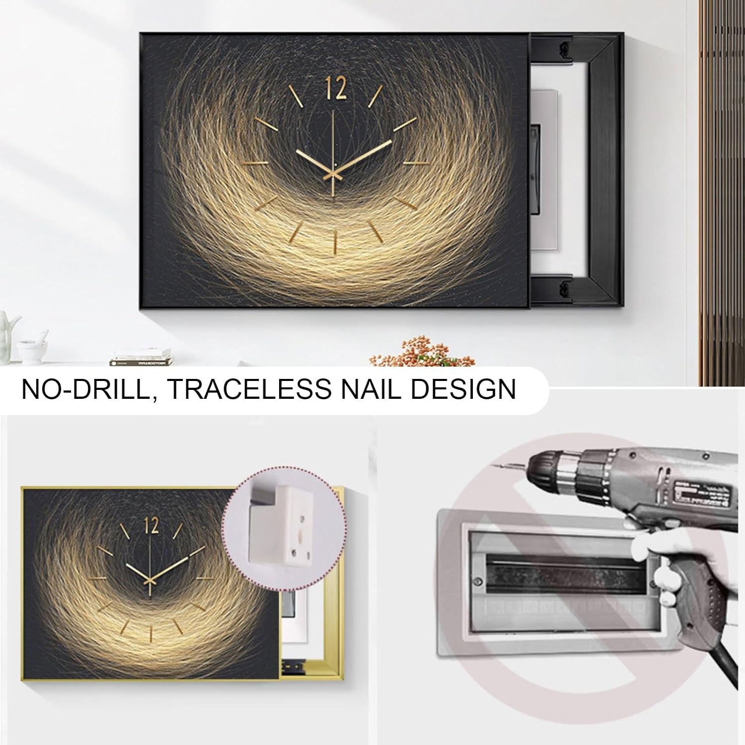 Decorative Painting Cover with Clock, Hidden Circuit Breaker Panel, Wall Mounted Electrical Panel Cover, Push-Pull Design for Home Office(Black 3,55 * 45cm/21.6 * 17.7in)