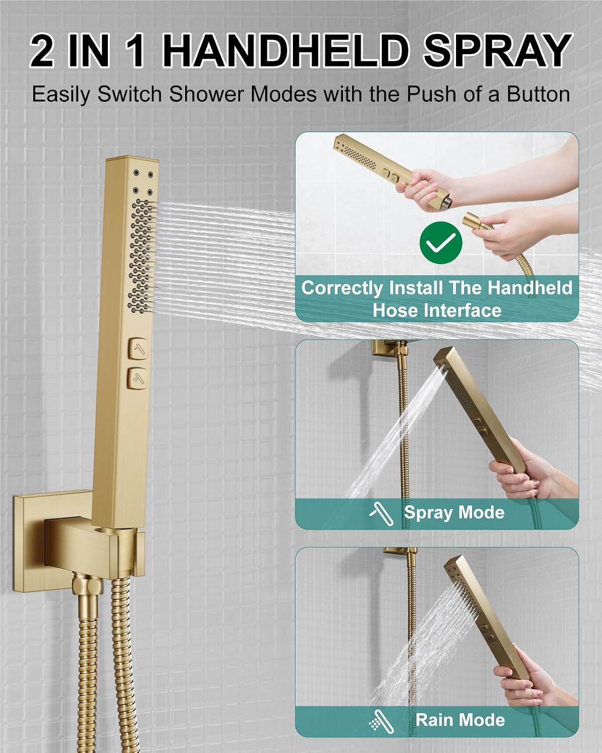 Shower Faucet Set Rainfall Shower System with Square Showerhead and Handle Set Fixture with 2 in 1 Function Handheld Sprayer Wall Mounted Trim Repair Kit Rough-in Valve 10 Inch Brushed Gold