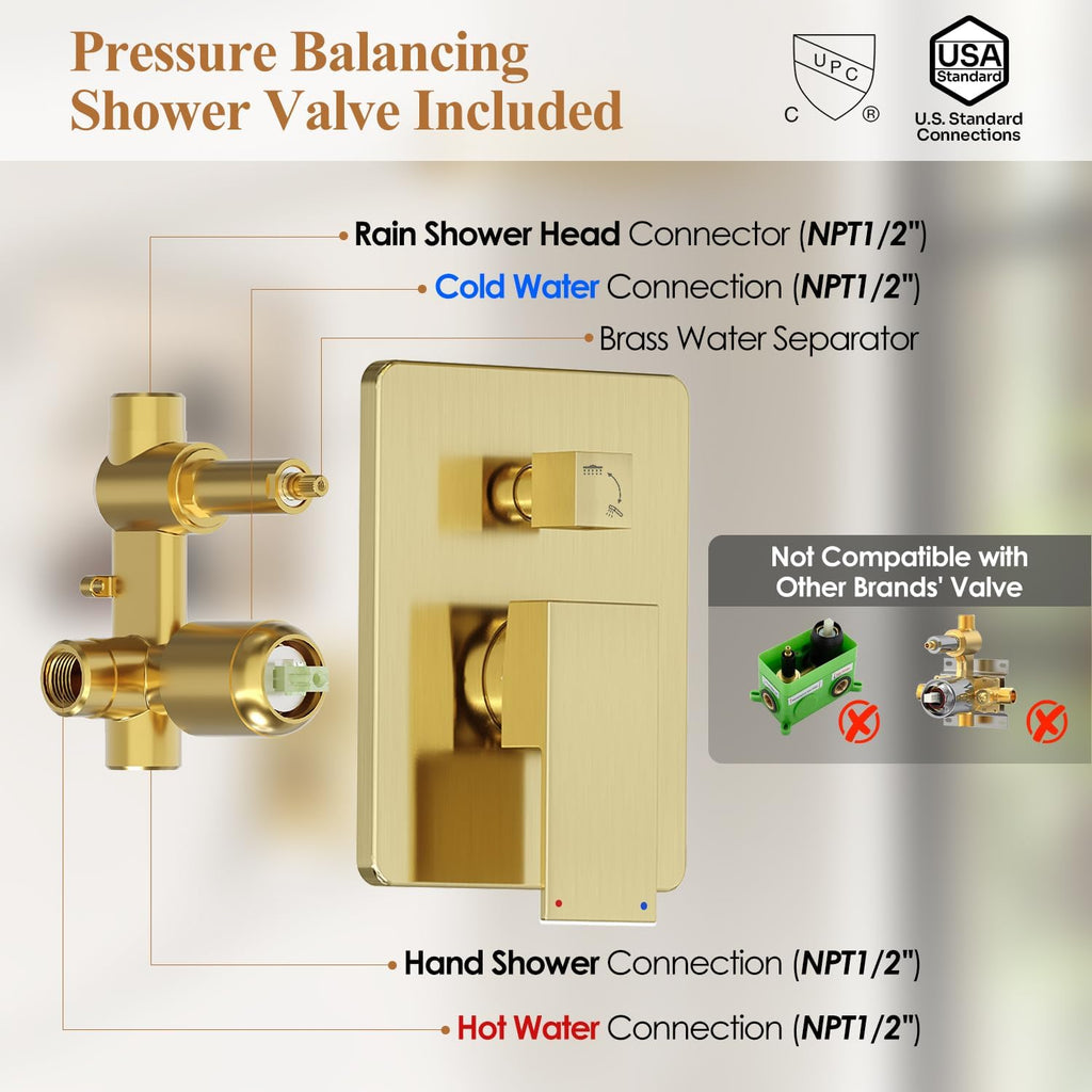Kurpot Shower System, Gold Shower Faucet Set with Shower Valve and Trim Kit, 12 Inch Rain Shower Head with Handheld Spray, Brushed Gold Shower Head and Handle Set, High Pressure Shower Head System