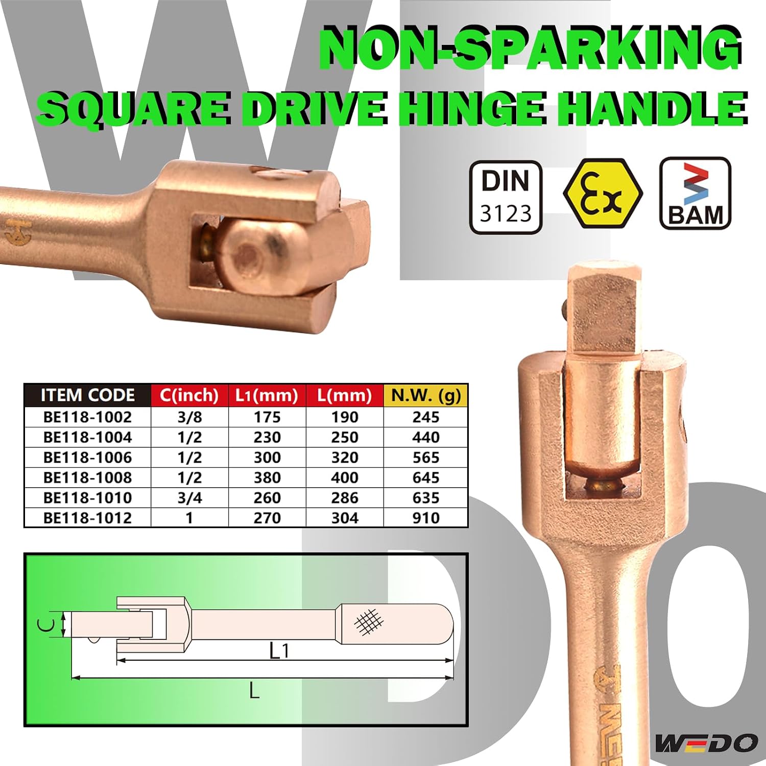 WEDO Non-sparking Flexible Handle,1/2' Square Drive,Length 250mm,Hinge handle,Driver head conversion is convenient for multi-angle use,Beryllium Copper,Non-magnetic,DIN Standard,BAM & FM Certificate