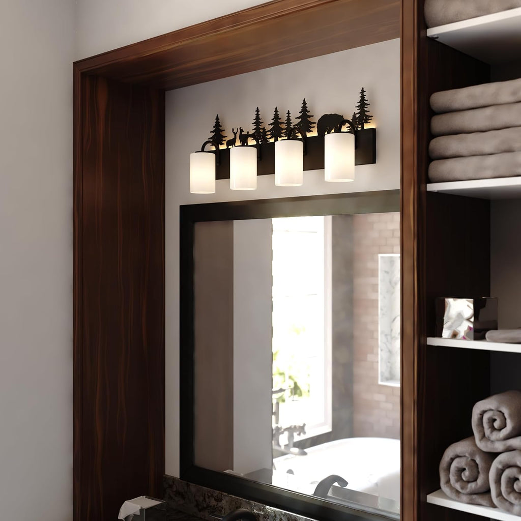 VAXCEL Acadia 4-Light 31.5 in. Wide Bronze Rustic Wildlife Bathroom Vanity Lighting Fixture with Nightlight, Frosted White Glass Shade, Dimmable, Over the Mirror Mounted Steel Wall Sconce