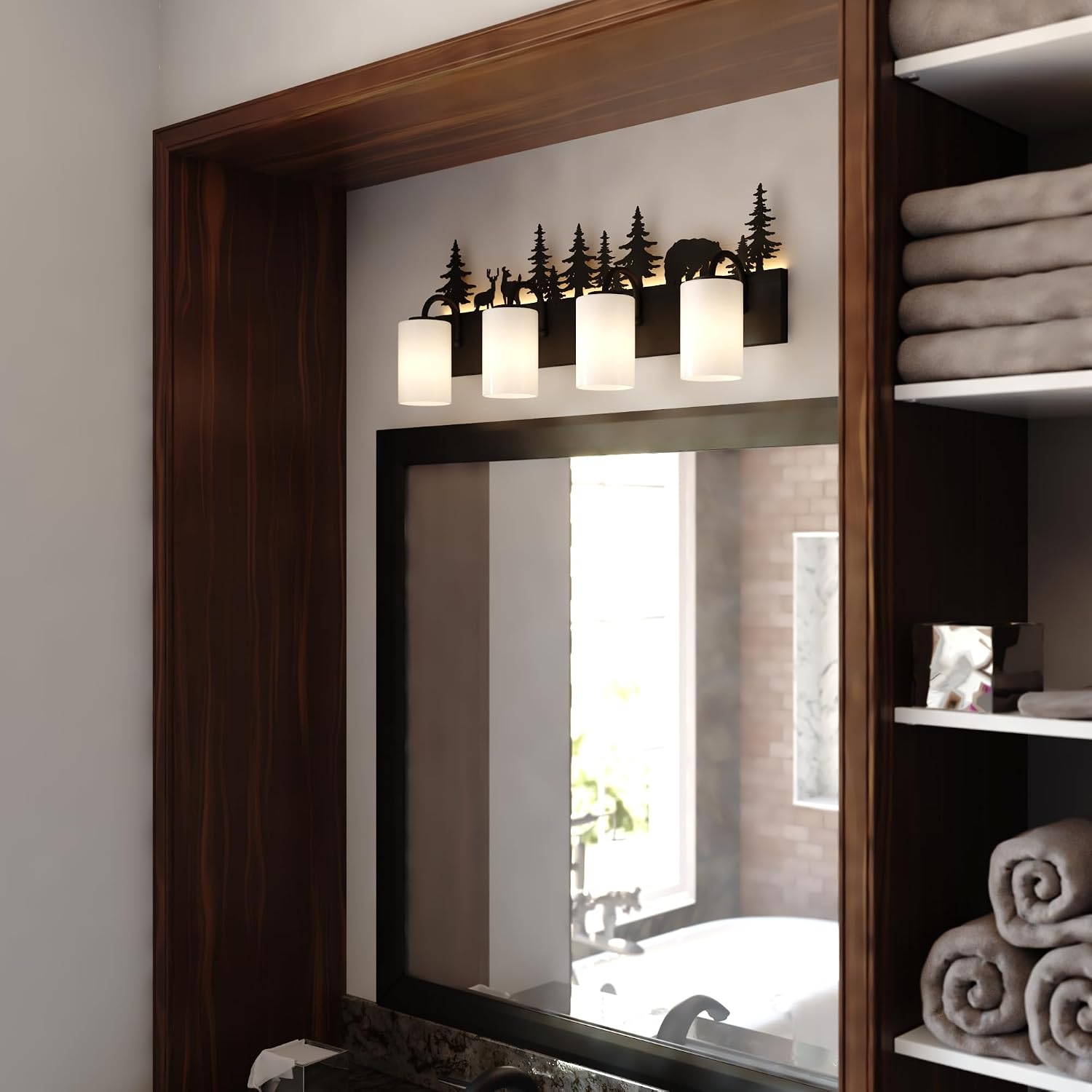 VAXCEL Acadia 4-Light 31.5 in. Wide Bronze Rustic Wildlife Bathroom Vanity Lighting Fixture with Nightlight, Frosted White Glass Shade, Dimmable, Over the Mirror Mounted Steel Wall Sconce