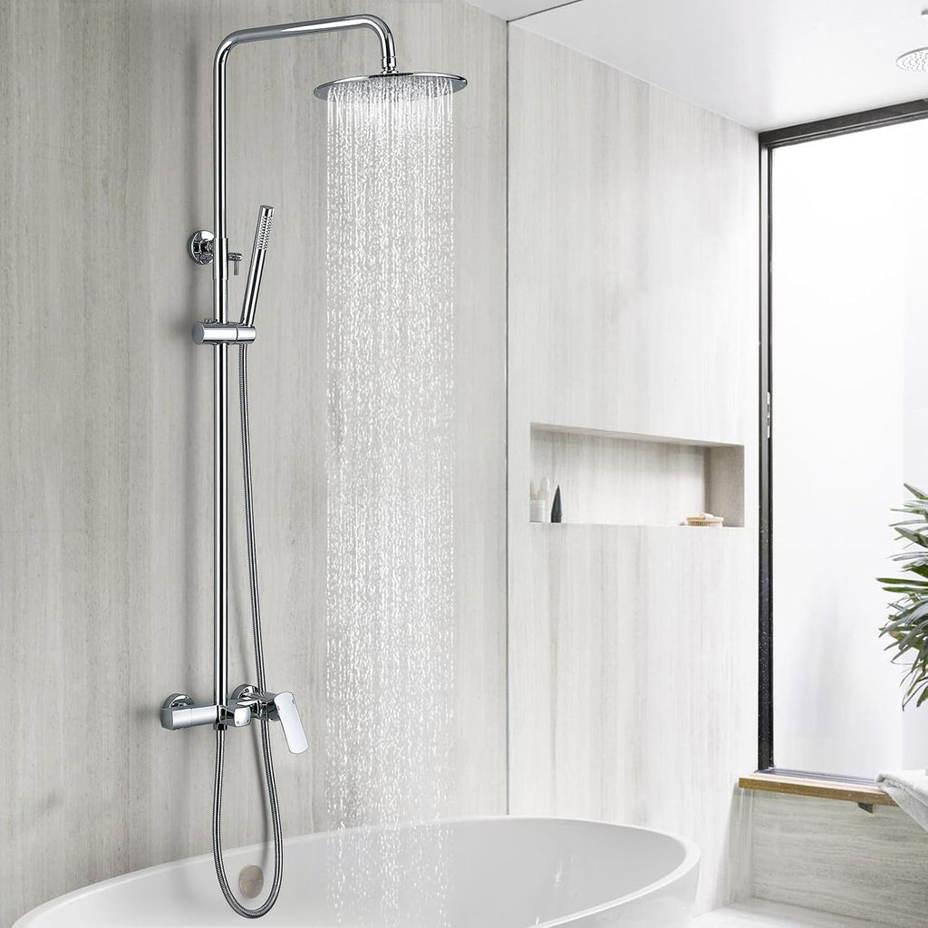 RBROHANT Exposed Shower System with Tub Spout, Polished Chrome Exposed Pipe Shower Faucet with 3 Functions Brass Shower Valve, Shower Height Adjustable, Wall Mounted