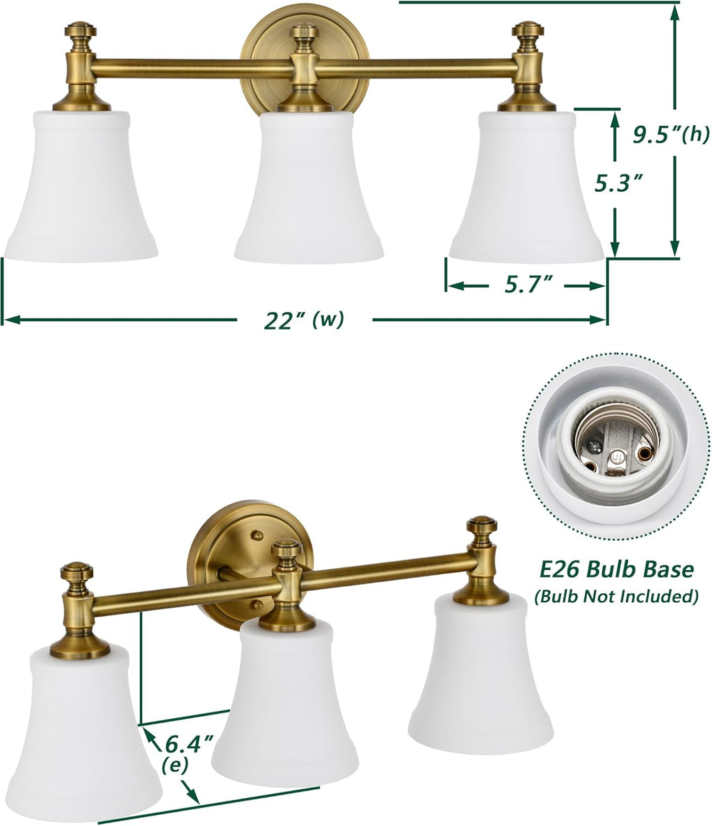 Champagne Bronze Bathroom Vanity Light Fixtures, Traditional Gold 3 Lights Wall Sconce Lighting with Large Opal Glass Shade, Porch Wall Mount Light Fixture for Bathroom, Mirror Cabinets Hallway Stairs