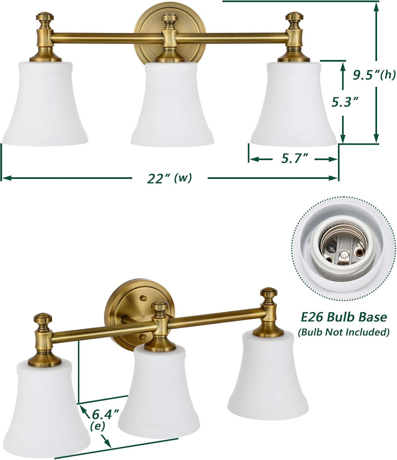 Champagne Bronze Bathroom Vanity Light Fixtures, Traditional Gold 3 Lights Wall Sconce Lighting with Large Opal Glass Shade, Porch Wall Mount Light Fixture for Bathroom, Mirror Cabinets Hallway Stairs