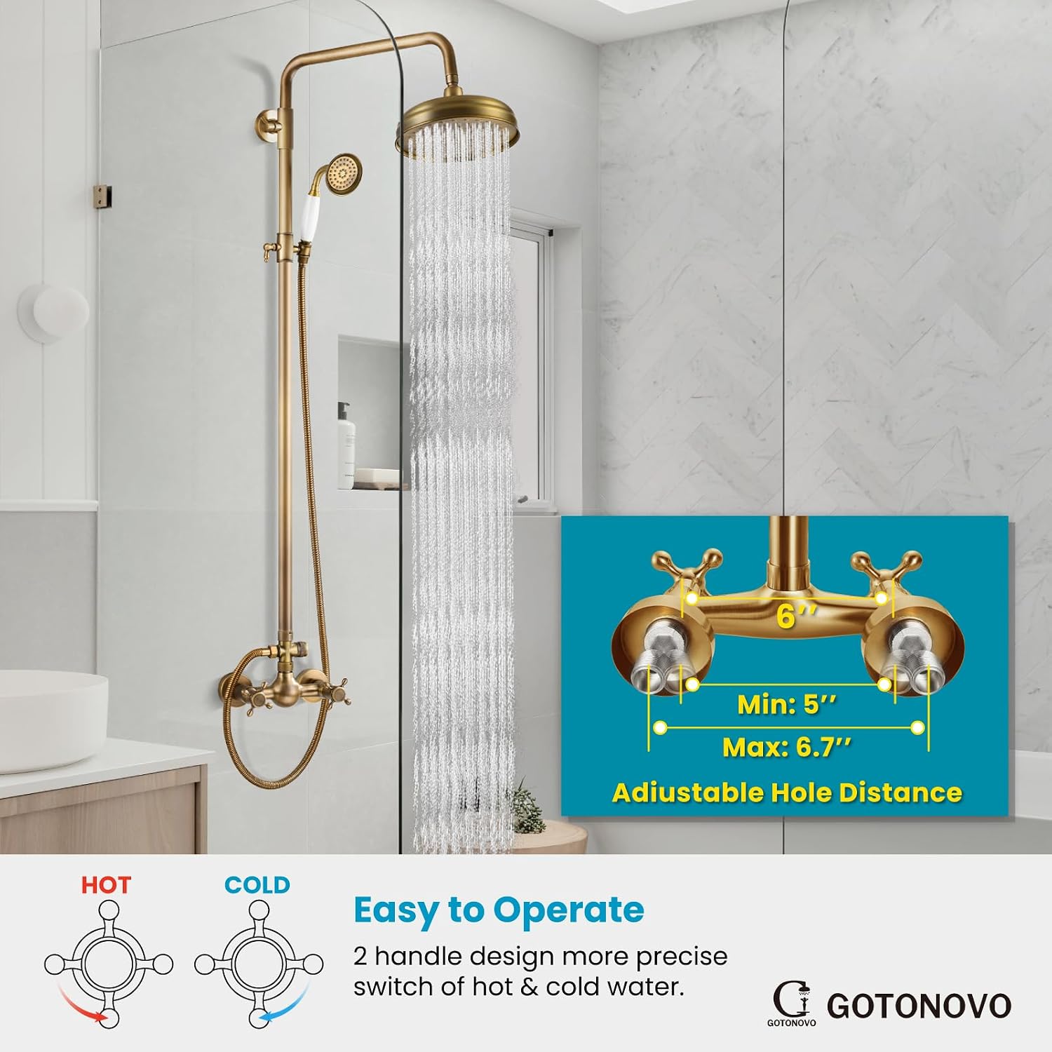 gotonovo Luxury Exposed Shower Faucet Set Bathroom Shower System 8 Inch Wall Mount Rainfall Shower Head with Handheld Spray Cross Double Handle Shower Fixture Adjustable Straight Rod Antique brass