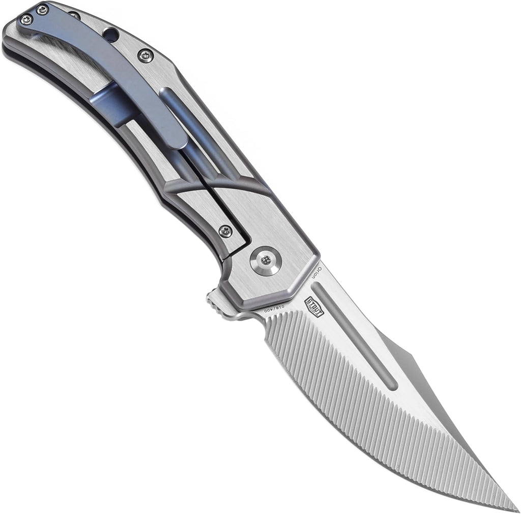 KANSEPT Orion Pocket Knife, 3.07'' CPM S35VN with CNC Milling Blade with Blood Groove, Blue Anodized Titanium Handle and Flipper or Thumb Disk, for Men Camping Survival Hunting Folding Knives K1089B1