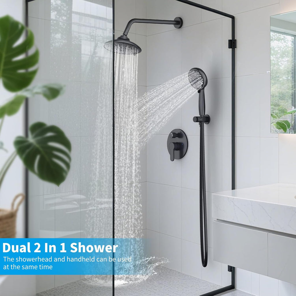 EMBATHER Black Shower Faucets Sets - Overhead Rain Head Shower System with 8-Mode High Pressure Handheld Complete Combo and Mixer Valve Trim Kit - 3-Way Rainfall Shower Fixture for Luxury Bathroom