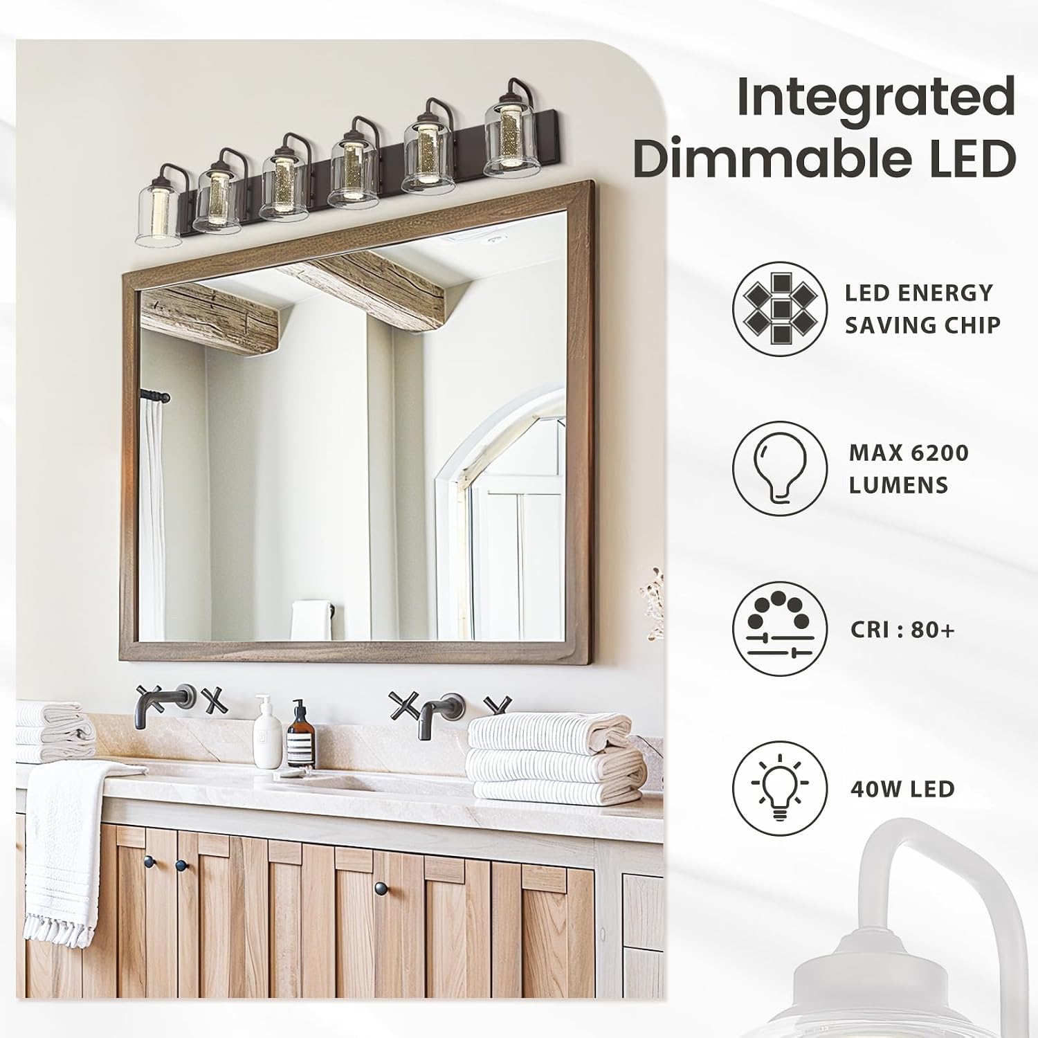 zeyu 40W 6 Light Bathroom Light Fixtures, 44 Inch LED Vanity Wall Light with 5 Color Modes, Oil Rubbed Bronze Finish with Crystal Bubble and Clear Glass, ZSL72B-6W LED ORB