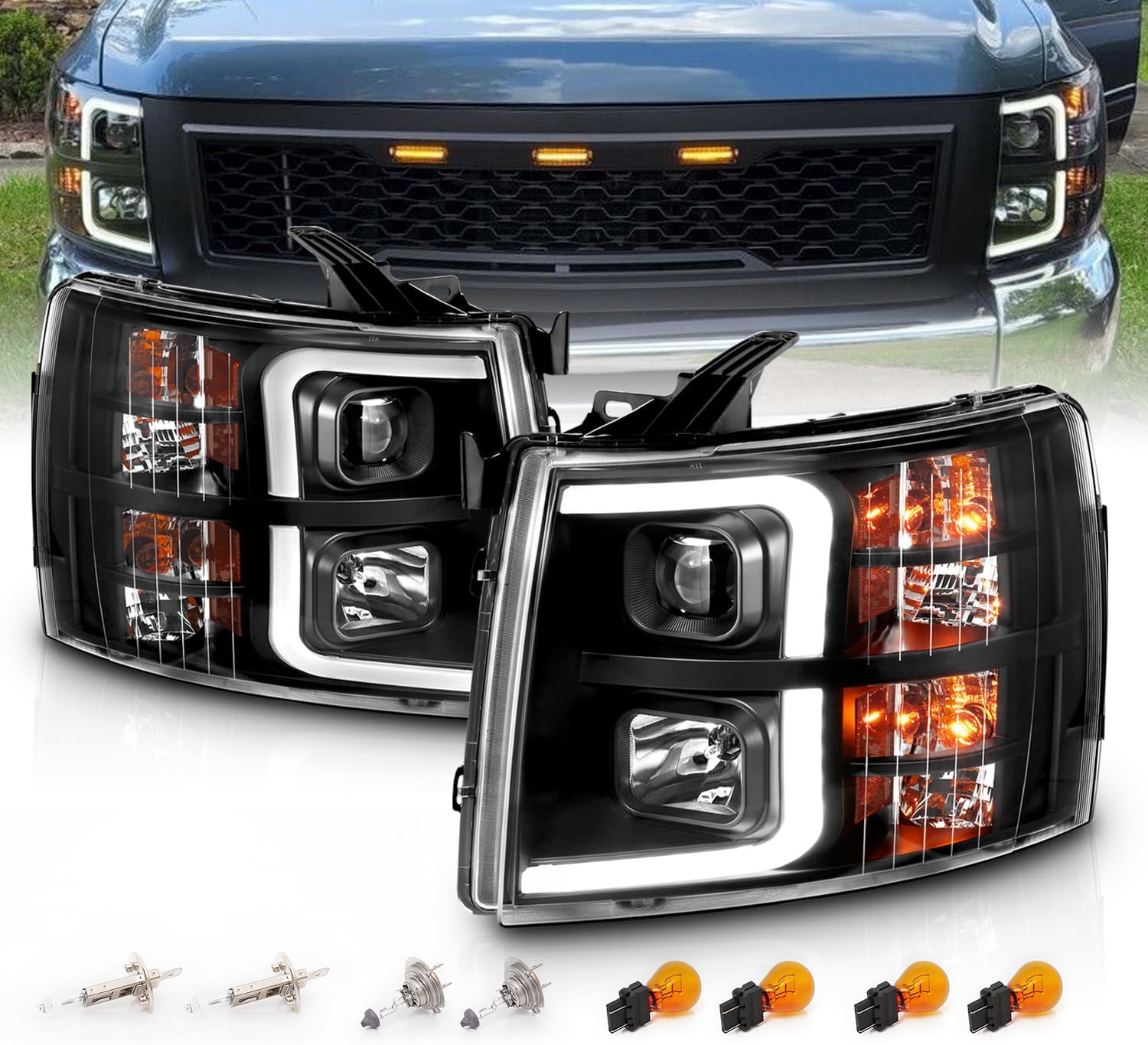 AmeriLite For 2007-2013 Chevy Silverado 1500/07-14 2500HD 3500HD Led, Halogen, Tube Quad Projector Car Headlights Assembly Set - Passenger and Driver Side, Vehicle Light Assembly, Black