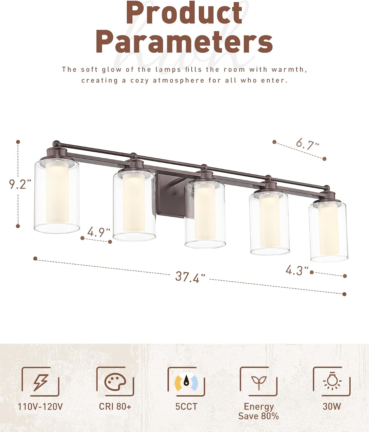 HWH 5-Light Bathroom Vanity Light Fixture, Oil-Rubbed Bronze Bathroom Lights Over Mirror, 30W 5CCT Dimmable LED Vanity Lights with Clear Glass, 5HLT63B-5W-LED ORB