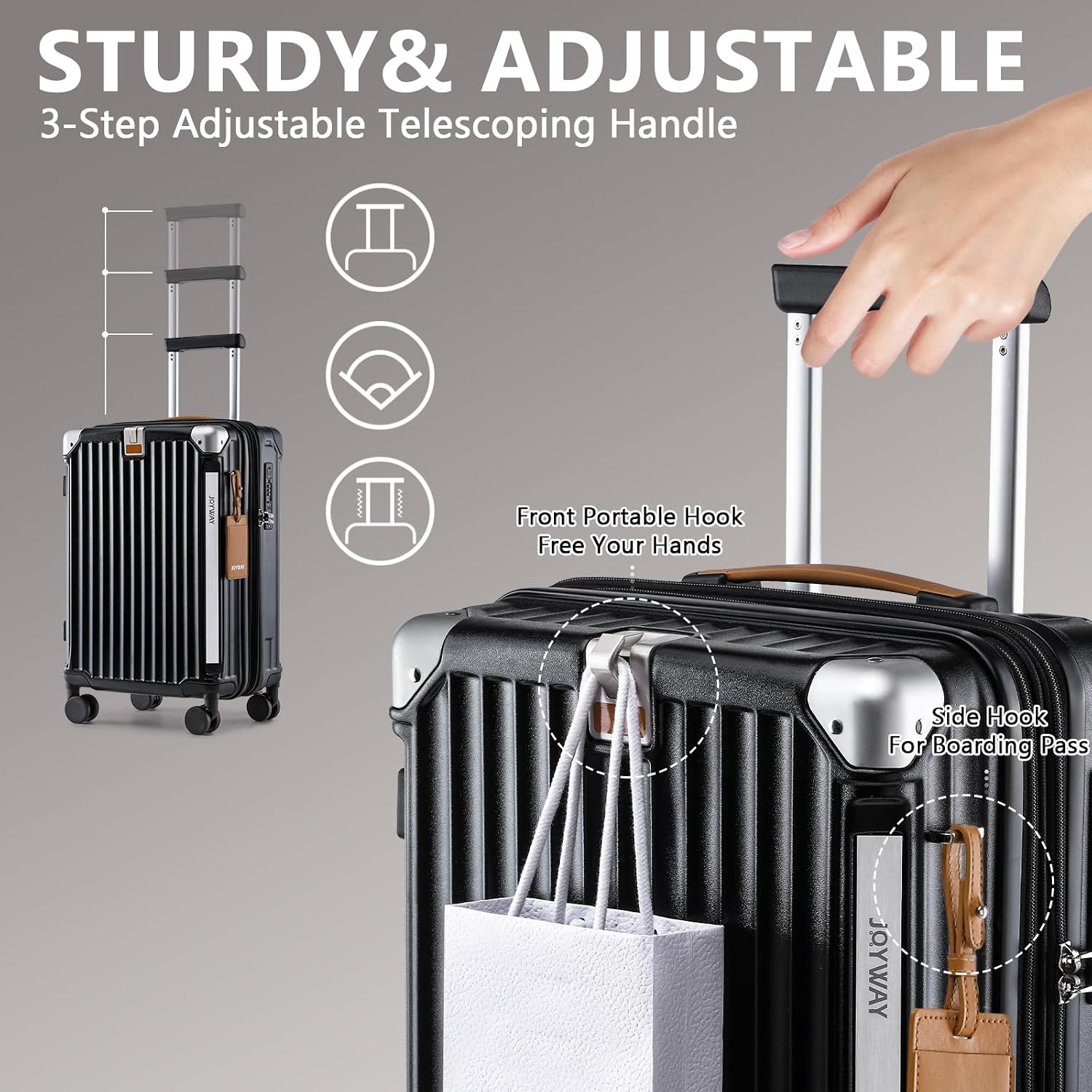 Joyway 3 Piece Set Hardside Expandable Luggage with USB Charging Port and Cup Holder, TSA Lock Spinner Wheels Suitcase for International Travel, Lightweight Carry On Checked Baggage, Black