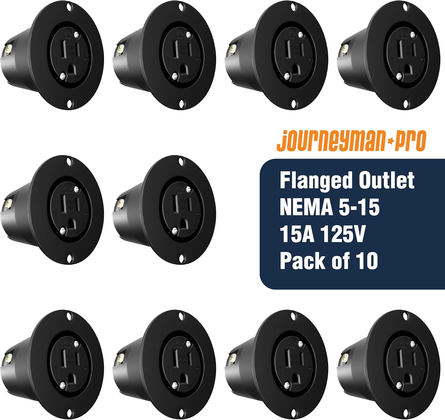 Journeyman-Pro 5279 15 Amp 120-125 Volt, NEMA 5-15 Flanged Outlet, Black Commercial Grade, 2 Pole-3 Wire, Straight Blade Plug Outdoor Receptacle and Surface Mount Outlet (No Cover/Cap, 10-Pack)