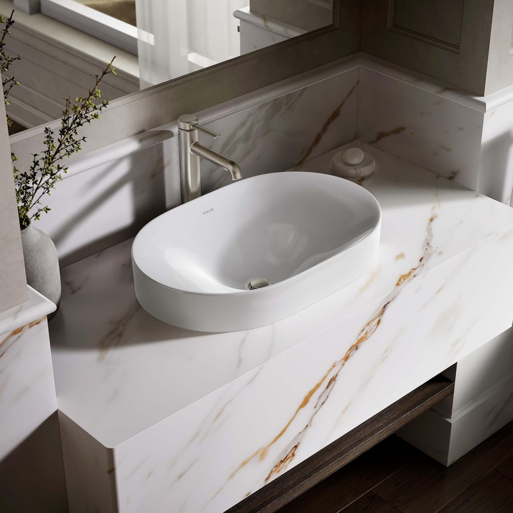 KOHLER 31701-0 Chalice 22-3/4' Oval Bathroom Vessel Sink, Above Counter Vanity Sink Basin, with Overflow, No Faucet Holes, White
