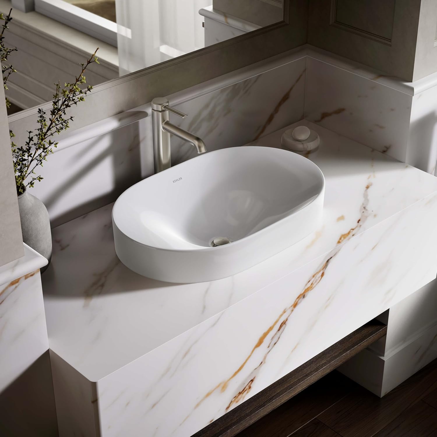 KOHLER 31701-0 Chalice 22-3/4' Oval Bathroom Vessel Sink, Above Counter Vanity Sink Basin, with Overflow, No Faucet Holes, White