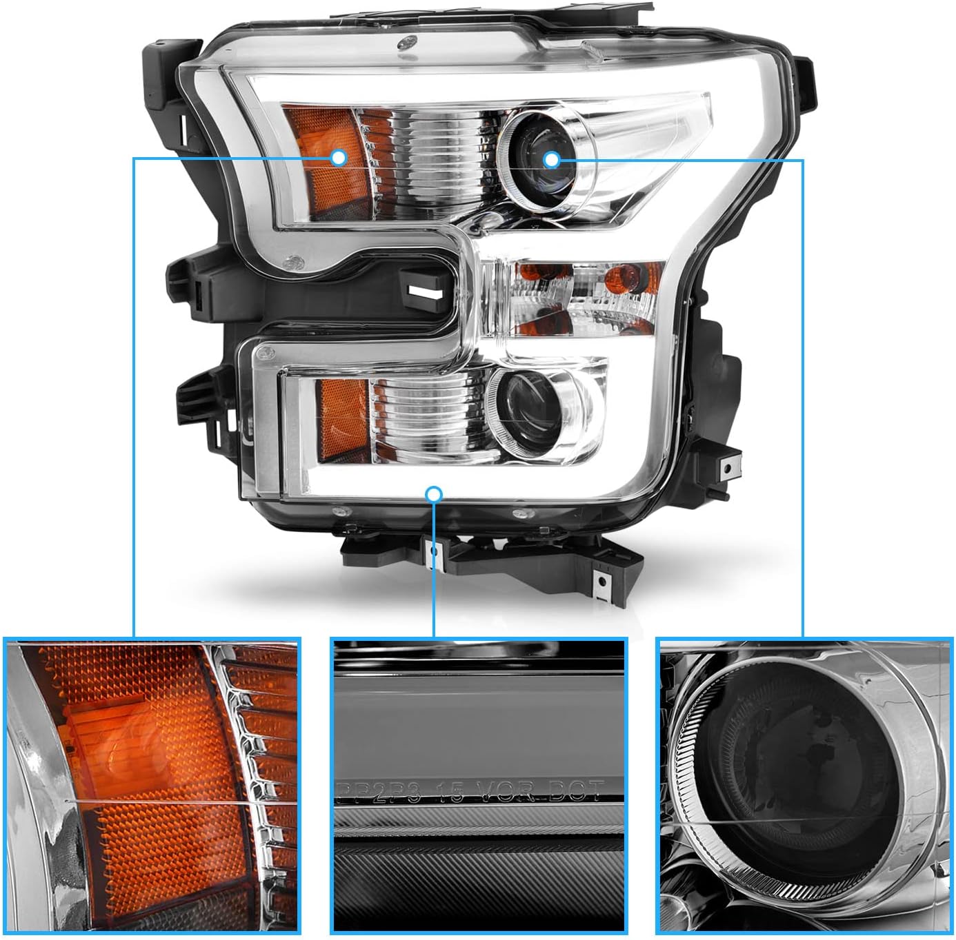 AmeriLite for 2015-2017 Ford F150 Truck LED Tube Dual Projector Beam Chrome Headlight Assembly Set - Driver and Passenger Side