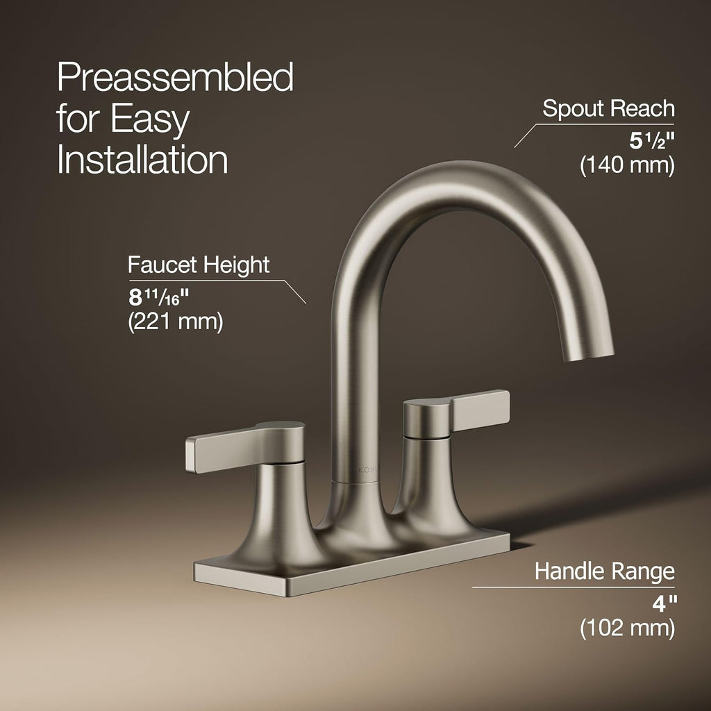 KOHLER K-28124-4-BN Venza® Centerset Bathroom Sink Faucet, 3-Hole, 1.2 GPM, Easy Installation, Corrosion Resistant, Vibrant Brushed Nickel