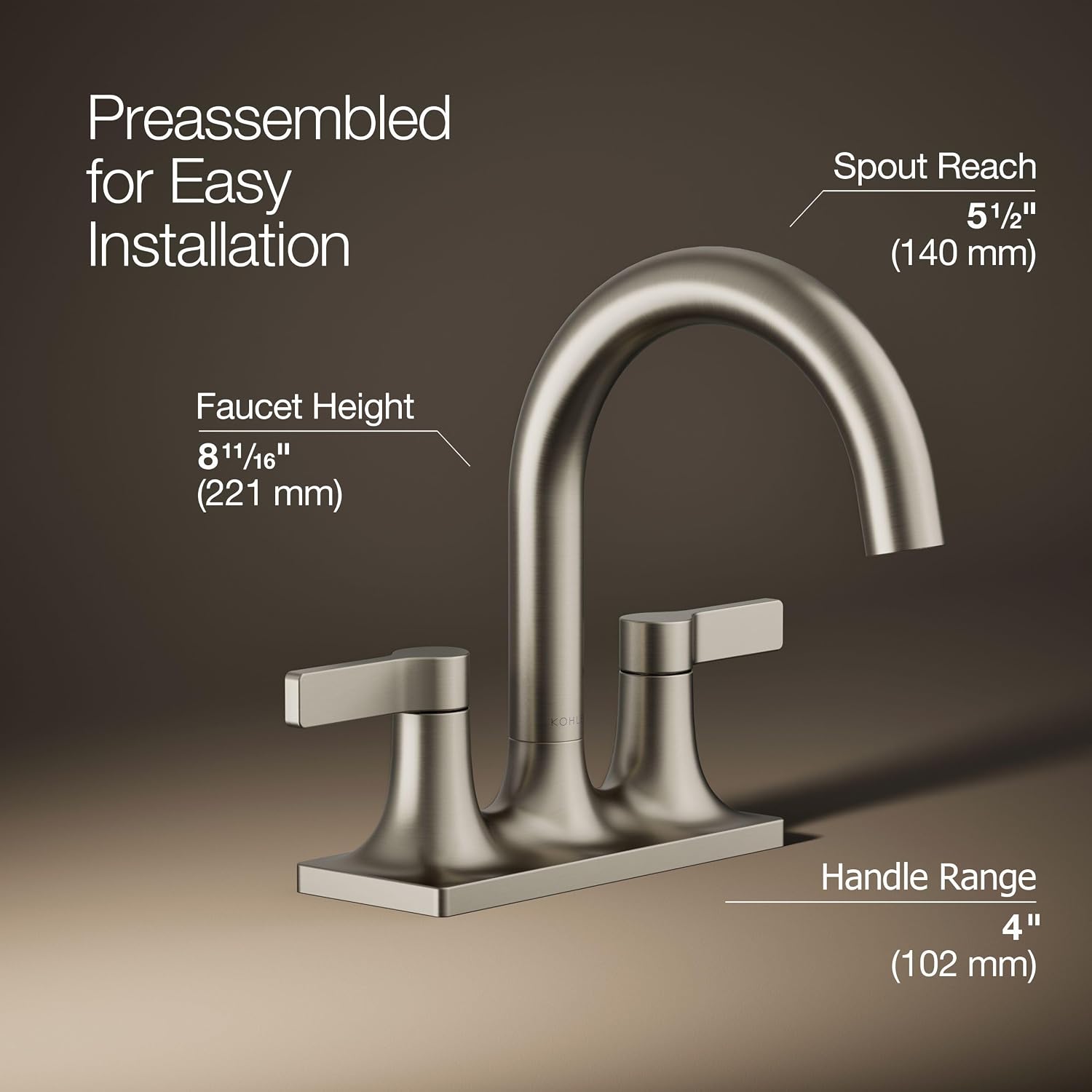 KOHLER K-28124-4-BN Venza® Centerset Bathroom Sink Faucet, 3-Hole, 1.2 GPM, Easy Installation, Corrosion Resistant, Vibrant Brushed Nickel