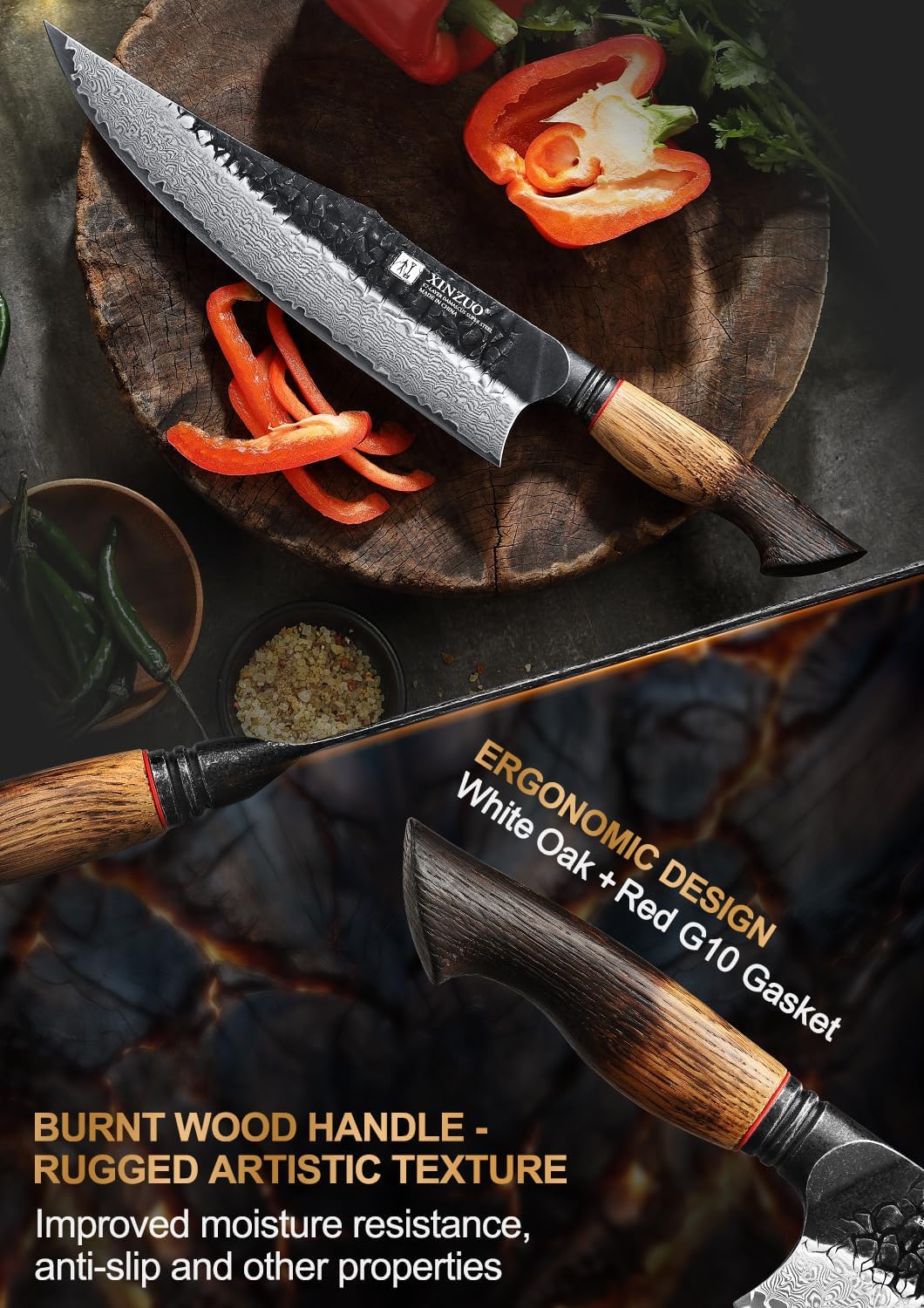 XINZUO 10 inch Professional Chef Knife,67 Layers 10Cr15CoMov High Carbon Damascus Steel Knife For Kitchen,Very Sharp，White Oak + Red G10 Gasket Handle