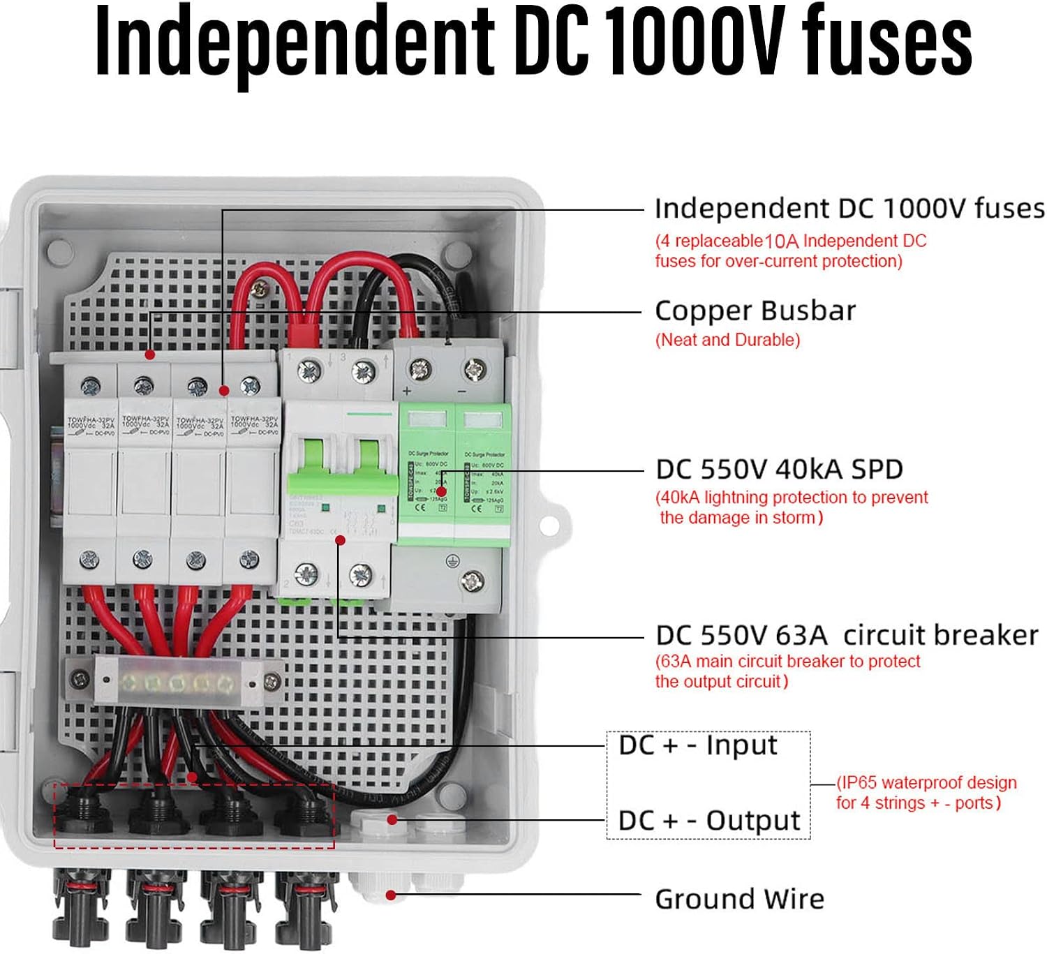 4 String Solar Combiner Box 10A Rated Current 63A Solar DC Circuit Breakers PV Combiner Box with Arrester Play 63A Disconnect and Br BoxPV