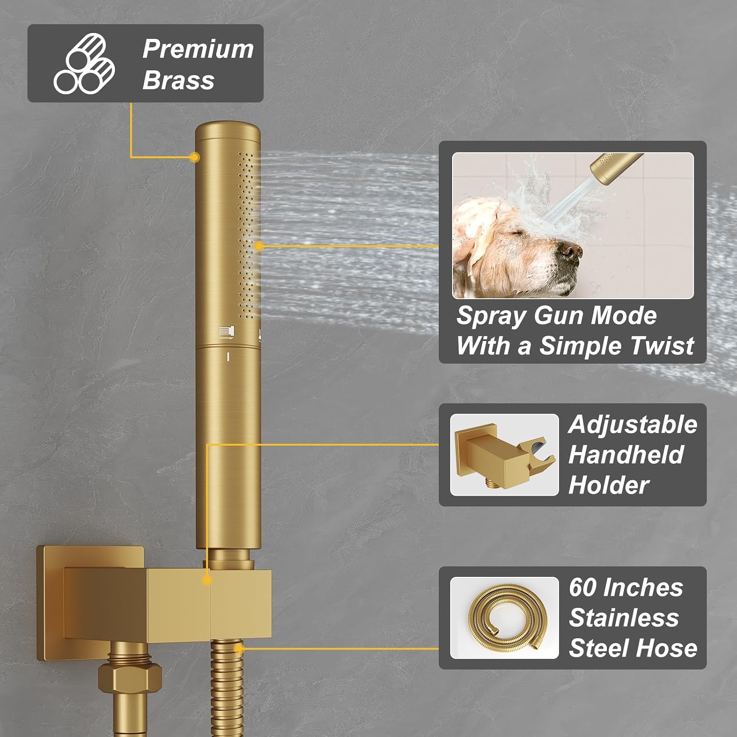 BESy Bathroom Shower System Rain Shower Head Shower Faucet Fixture | 12 Inch Rainfall Shower Head and Handle Set Wall Mounted Shower Mixer Valve Brushed Gold