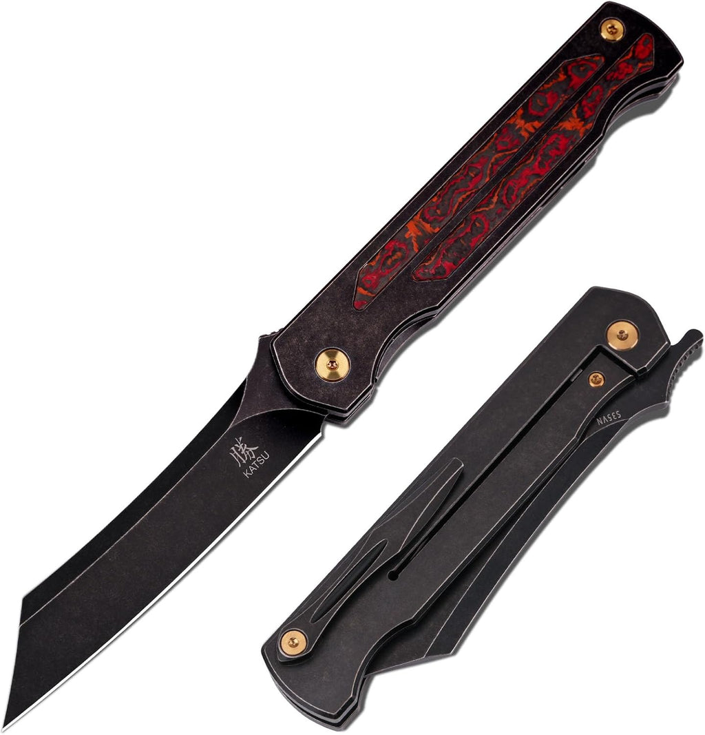KATSU Camping Pocket Folding Japanese Knife, CPM S35VN Blade, Black Stonewashed Titanium Handle With Mars Valley Fat Carbon Fiber Inlay