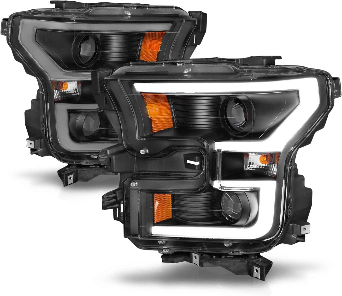 AmeriLite for 2015-2017 Ford F150 Pickup [Halogen Type] Dual LED Bar Projector Black Replacement Headlight Set - Driver and Passenger Side