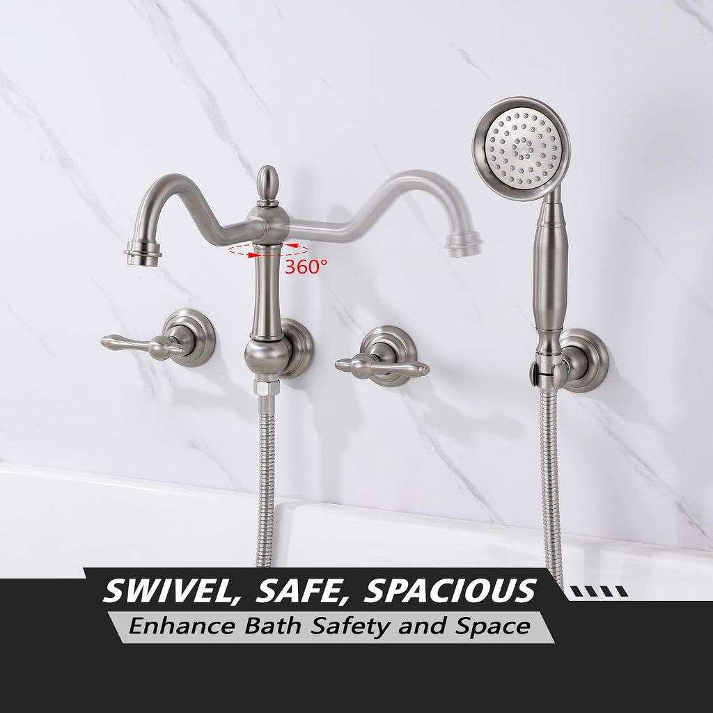SUMERAIN Brushed Nickel Wall Mount Bathtub Faucet with Handheld Sprayer Traditional Tub Filler with Rough-in Valve