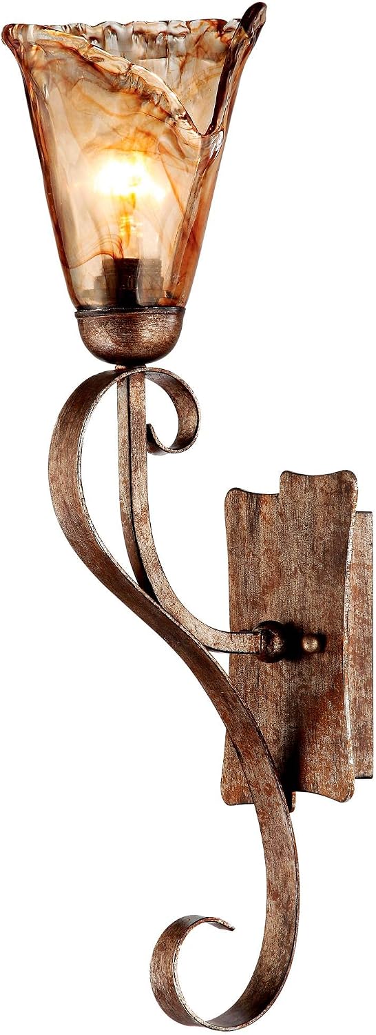 Franklin Iron Works Amber Scroll Rustic Vintage Wall Light Sconces Set of 2 Golden Bronze Metal Hardwired 23 1/2' Fixture Art Glass for Bedroom Bathroom Vanity Living Room Hallway Dining Kitchen
