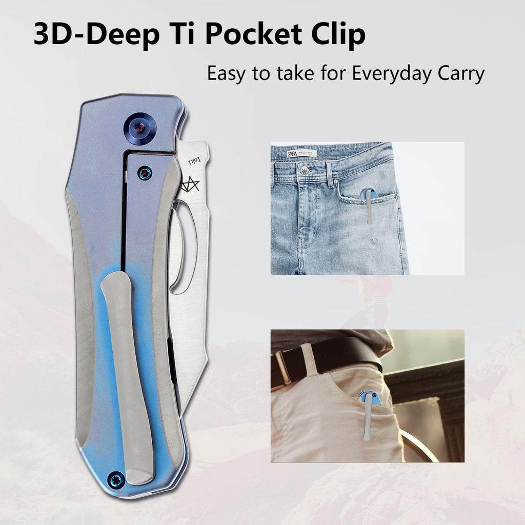 KANSEPT Loki Pocket Folding Knives for Men EDC Camping Folding Knife 2.99'' Satin CPM S35VN Blade Material Pocket with Plain & Blue Anodized Titanium Handle Everyday Carry K1058A2