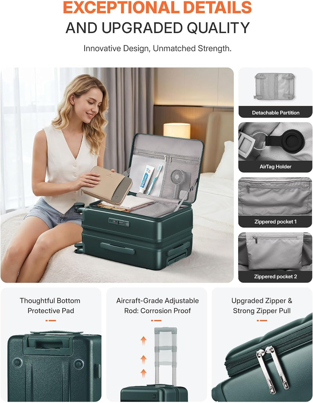 Expandable 20Inch Carry On Luggage Airline Approved - Top Opening Hardside Travel Suitcase Unbreakable -with Cup Holder,USB Charge,Side Pothook, 360°Spinner Wheels, TSA Lock-Green