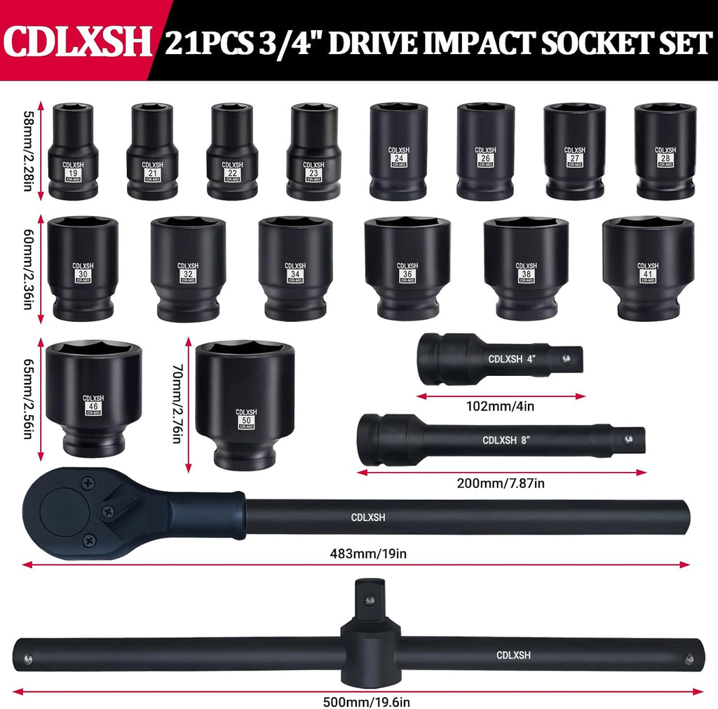 3/4' Drive Impact Socket Set, 21 Pcs Heavy Duty Large Socket Set, Cr-Mo Steel, Standard 6-Point Metric Sockets (19mm-50mm), Includes Ratchet Wrench, Extension Bar, T Sliding Bar and Dedicated Case